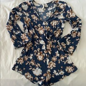 Blue and white floral romper